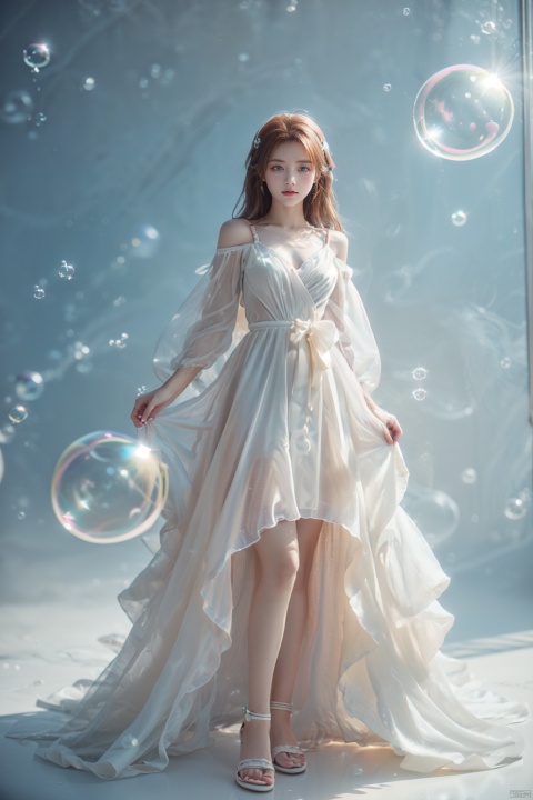  (bubble:1.3),1girl, brown_hair, closed_eyes, dress, full_body, leaf, plant, ribbon, sandals, simple_background, smile, standing, standing_on_one_leg, white_background, white_dress, (\meng ze\), jiqing, (\MBTI\),bubble, mjuanlian