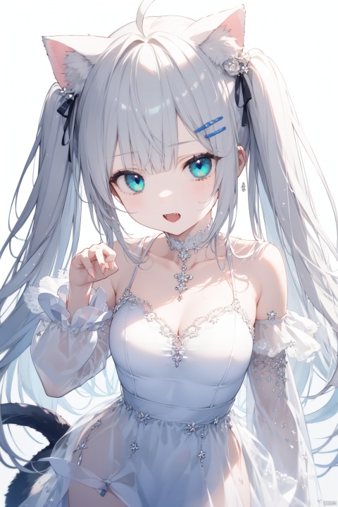  1girl, virtual_youtuber, paw_pose, tail, solo, dress, ahoge, cat_ears, animal_ears, hair_ornament, blue_eyes, cat_tail, hairclip, white_dress, open_mouth, looking_at_viewer, off-shoulder_dress, long_hair, halter_dress, bare_shoulders, blue_hair, blush, bangs, simple_background, white_background, detached_sleeves, halterneck, ribbon, cat_girl, bow, off_shoulder, fang, two_side_up, layered_dress, animal_ear_fluff