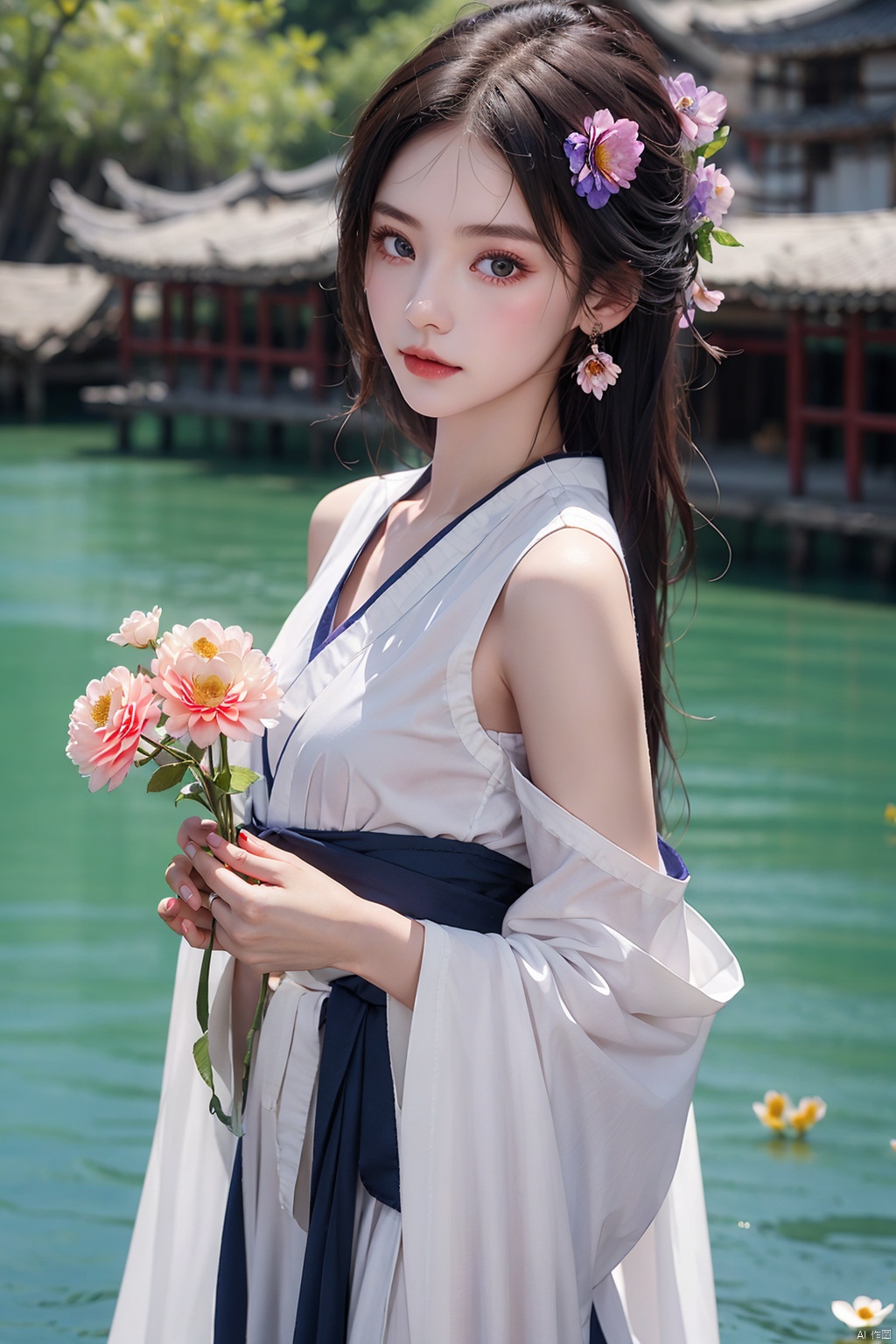  High quality, super detail, masterpieces,8kIn an ancient Chinese village, a beautiful little girl stood there. Her long hair cascaded down her shoulders. Her eyes were bright and bright, as clear as the water in a lake. She was wearing a traditional Hanfu, embroidered with fine patterns, bright colors, like a blooming flower. Her face was pure and sweet, as if it were the purest thing in the world., flowers, 1girl