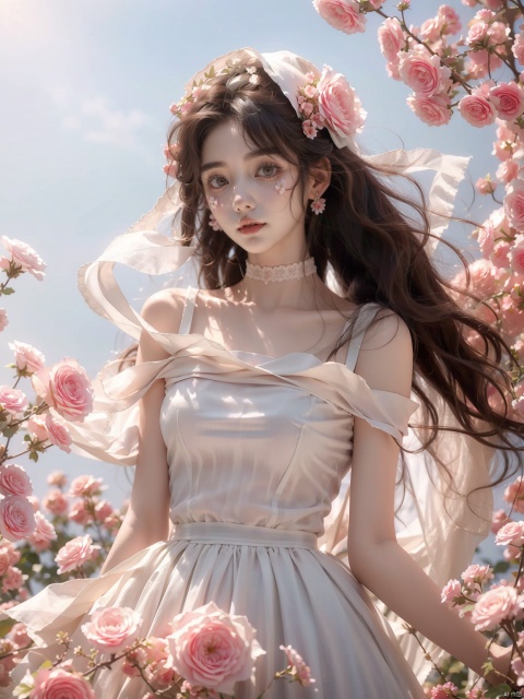  (A girl was bound with white cloth:1.5), silk, cocoon, spider web, Solo, Complex Details, Color Differences, Realistic, (Moderate Breath), Off Shoulder, Eightfold Goddess, Pink Long Hair, White Headwear, Hair Above One Eye, Green Eyes, Earrings, Sharp Eyes, Perfect Fit, Choker, Dim Lights,cocoon,transparent,jiBeauty,1girl, flowers, mtianmei,Look at the camera., Nebula, flowing skirts,Giant flowers,