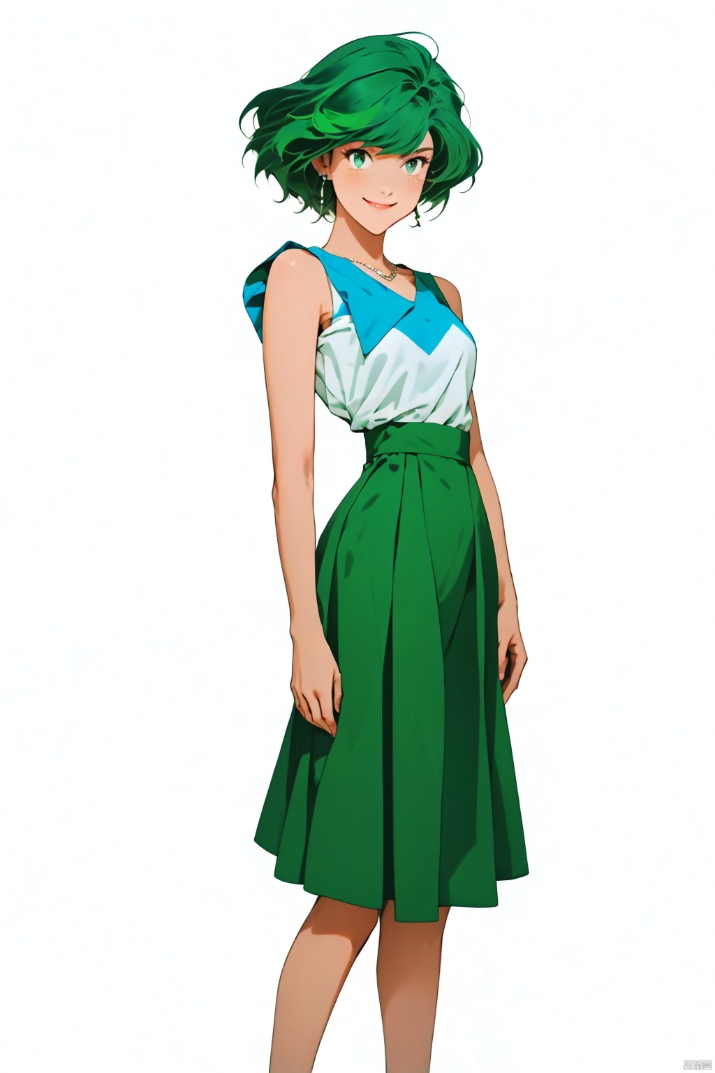  incredibly absurdres,msn,(White background),kind_smile,kind_smile,1girl, solo, solo, solo,

saior Neptune,(kaiou michiru),kaiou michiru,mature woman,blue eye,small breasts, (green hair:1.3), green hair, wavy hair, (Split bangs),shiny,

soft, shiny,fluffy,white T-shirt,light green dress, high-waisted skirt,
jewelry,full body, mpingtu, sssr,niji5
