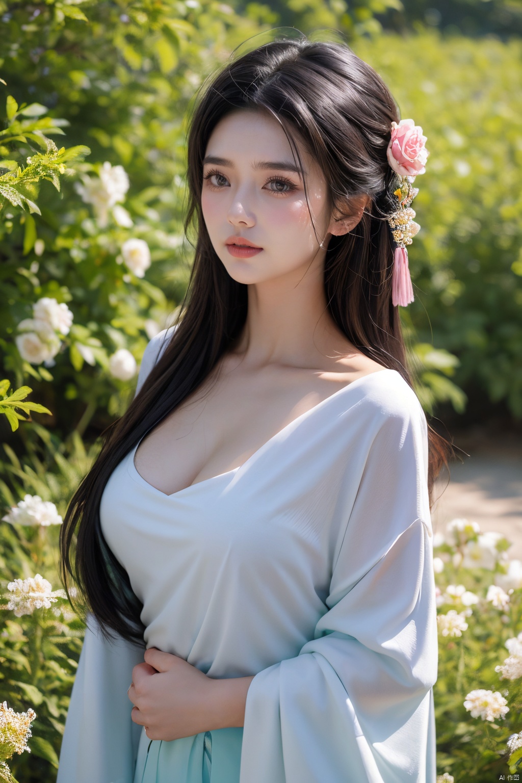  Enhanced, masterpiece, 16K, girl, Solo, Flower Field, rape flower, (\meng ze\), yue , hair ornament , hanfu,(big breasts:1.36), flower, ajkds, pld