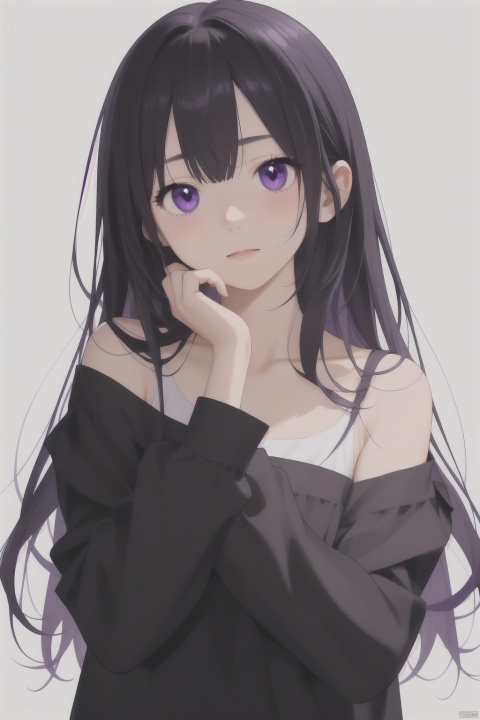  1girl, solo, long hair, looking at viewer, blush, bangs, shirt, black hair, long sleeves, white background, closed mouth, purple eyes, collarbone, upper body, sleeves past wrists, black shirt, hand on own face, spider lily, inoue takina