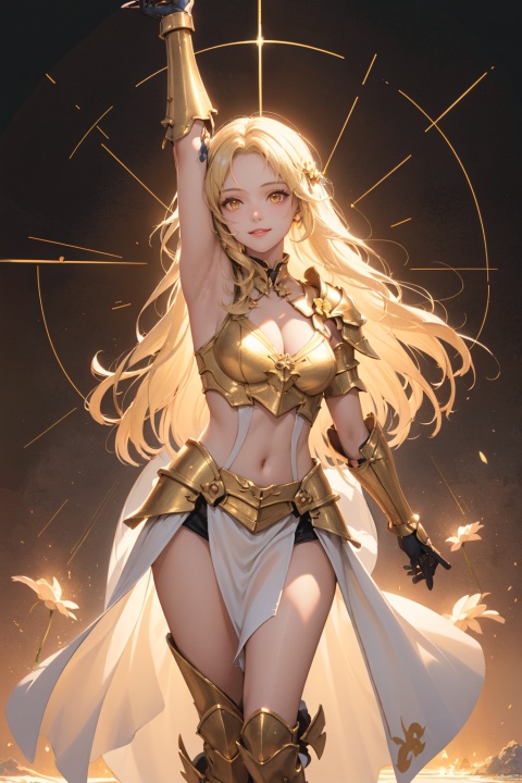  absurdres,1girl,solo,armor,full_shot,yellow eyes,blonde hair,arm up,medium breasts,looking at viewer,lotus strip road,shoulder armor,(pauldrons:1.1),floating hair,cleavage,smile,long hair,lips,glowing,gloves,(artbook:1.2),metallic luster,(background light:1.1),golden armor,golden tones,background with golden light,fine detail,perfect painting quality,lighting floats,(rotation trend:1.1),(dynamic diagram:1.1),,gyanmyo,(holy spirit:1.1),wide_shot,(glowing skin:1.2),true substance,housing architecture,(center diagram:1.1),golden lotus flying,elements of lava,white-lipped red,toplight,inverse light,