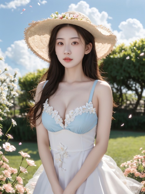 masterpiece, 1 girl, 18 years old, Look at me, long_hair, straw_hat, Wreath, petals, Big breasts, Light blue sky, Clouds, hat_flower, jewelry, Stand, outdoors, Garden, falling_petals, White dress, textured skin, super detail, best quality, Trainee Nurse, tianxiu, flower