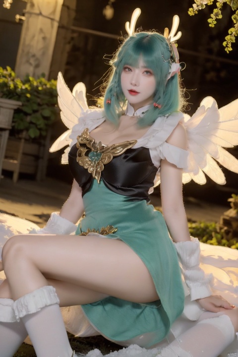  beautiful girl,breasts, girl, dress,(green hair,Snow field,Snowing,things,wings,cross legs,Black Silk Stockings:1.3)depth_of_field,blurry_background,largebreasts,glint, jujingyi, 1girl,, (big breasts:1.39),