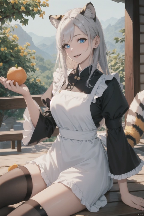  1girl, solo, looking_at_viewer, sad, skirt, thighhighs, long_sleeves, dress, animal_ears, blue_eyes, tail, full_body, long white with silver hair, multicolored_hair, food, fang, wide_sleeves, apron, fox_ear_fluff, bell, fangs, frilled_dress, frilled_sleeves,single_thighhigh, white_apron, frilled_apron, new_year, brown_skirt, brown_dress, claw_pose, tiger_ears, chinese_zodiac, tiger_tail, orange_\(fruit\), tiger, mandarin_orange, 2022, egasumi, tiger_girl, year_of_the_tiger, white_tiger,(masterpiece), (best quality), ((ultra-detailed)), A Pixar 3D showcasing coexisting harmoniously amid lush greenery, (crystal glowin on hand), eyesseye,good hands
