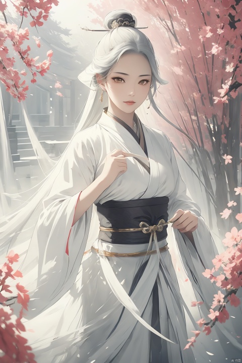 (masterpiece, best quality, ultra-detailed, highres), (((solo))),(sidelighting, lustrous skin), (bloom), (shine), lighting, strong rim light,white hair,(miko),((tangzhuang)),beautiful detailed eyes,beautiful detailed girl,an extremely delicate and beautiful,tiara,lipstick,beautiful and delicate water,nature,(shrine),shiratama kitsune,golden eyes,long hair, hand on own chest,
, smwuxia Chinese text blood weapon:sw