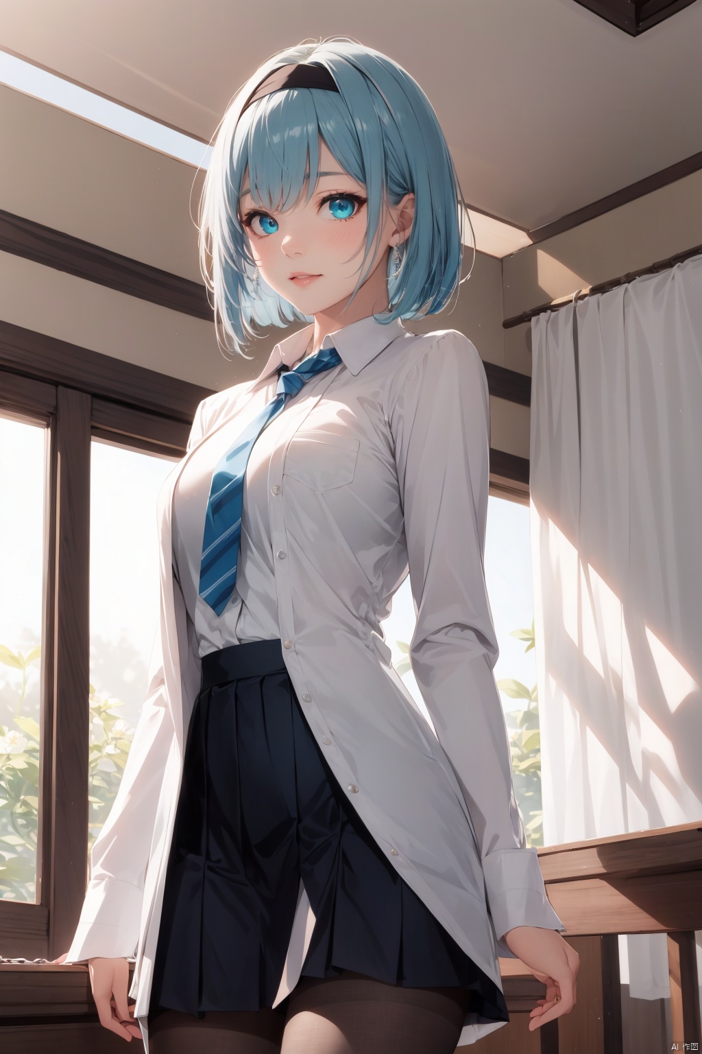  1girl, solo, breasts, looking at viewer, smile, short hair, bangs, blue eyes, skirt, large breasts, shirt, long sleeves, holding, jewelry, school uniform, blue hair, standing, jacket, white shirt, flower, pantyhose, cowboy shot, pleated skirt, hairband, earrings, parted lips, necktie, alternate costume, striped, collared shirt, indoors, virtual youtuber, black skirt, arm up, book, black pantyhose, window, dress shirt, headband, chain, hair intakes, plant, pink flower, holding book, arm behind back, watch, blue necktie, clock, jacket removed, ceiling light, bow earrings, holding jacket, ouro kronii