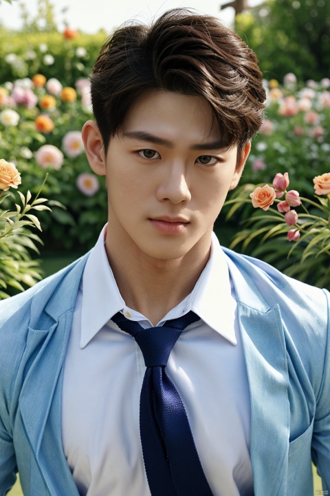 masterpiece,1 Boy,Look at the audience,detailed gorgeous face,Muscular development,Shirt,Tie,in summer,Garden,Flowers,realistic,best quality,ccurate,