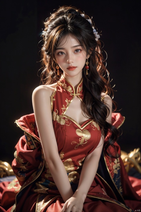  A young model in Chinese dress poses with her arms leisurely, in front of divine light with silhouette light illuminating the edges of the long curly hair, snowflake, solid color red background, Excellent skin texture, gaze deeply, cheerful atmosphere, in the style of eye-catching resin jewelry, matte photo, minimalist beauty, meticulous linework precision, The background is a bustling city,High resolution,8K, neo-chinese style, huayu, 1girl