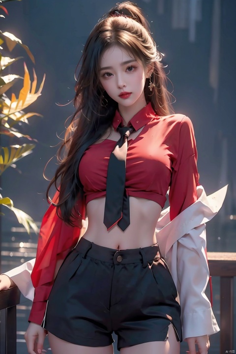  Best quality, masterpiece, 1girl, red shirt, (Tie), Exposed thighs, exposed navel, Hourglass body shape, (\fan hua\), Nebula