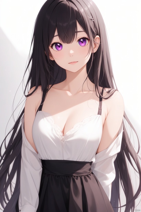  1girl, solo, long hair, looking at viewer, blush, bangs, shirt, black hair, long sleeves, white background, closed mouth, purple eyes, collarbone, upper body, sleeves past wrists, black shirt, hand on own face, spider lily, inoue takina
