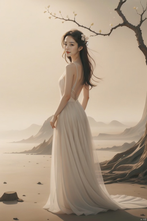  1girl,,This picture depicts a surrealistic image of a woman blending with natural elements. A woman stands in a desolate scene,her back and hair gradually turning into branches and twigs of a tree. A few flowers bloomed on the branch,as if she were a tree growing flowers. She was wearing a flowing white long skirt,with the hem spread out on the ground,interweaving with the lines of the tree roots. This woman's posture is sideways facing backwards,facing the mist in the distance,as if she is gazing or contemplating. The color contrast,light and shadow processing,and theme conception in this picture are all very captivating,creating a feeling of combining fantasy and reality. Overall,images convey an artistic concept that combines natural and human forms,full of symbolic meaning and inner emotional expression.,smile, monkren, liuyifei, pld