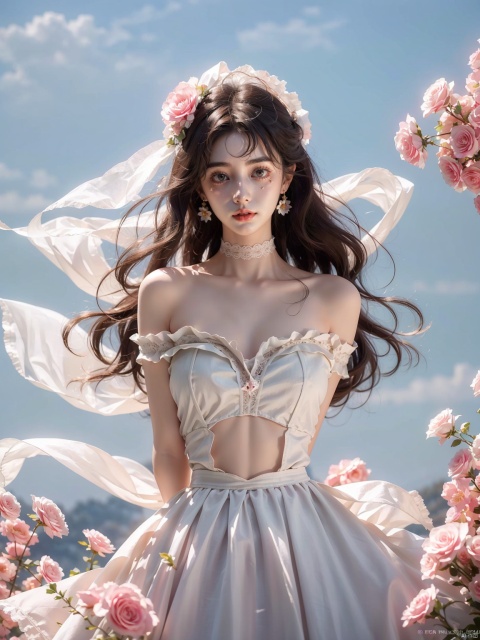  (A girl was bound with white cloth:1.5), silk, cocoon, spider web, Solo, Complex Details, Color Differences, Realistic, (Moderate Breath), Off Shoulder, Eightfold Goddess, Pink Long Hair, White Headwear, Hair Above One Eye, Green Eyes, Earrings, Sharp Eyes, Perfect Fit, Choker, Dim Lights,cocoon,transparent,jiBeauty,1girl, flowers, mtianmei,Look at the camera., Nebula, flowing skirts,Giant flowers,