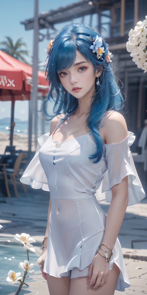  DLY,1girl,solo,blue hair,blue eyes,dress,hair ornament,ahoge,long hair,jewelry,looking at viewer,bracelet,bluedress,bangs,(((1 girl))), (medium breasts:), ((upper body:0.7)), half body photo, female solo, depth of field, blue earrings, blue jewelry, off-shoulder white shirt, black tight skirt, (at beach), blonde hair, photorealistic:1.3, realistic), highly detailed CG unified 8K wallpapers, (((straight from front))), (HQ skin:1.3, shiny skin), 8k uhd, dslr, soft lighting, high quality, film grain, Fujifilm XT3, (professional lighting), nangongwan, red lips, Nebula