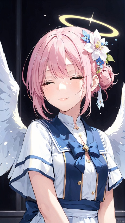  Blue Archives, Blue Archives CG, Game CG, game cg, 1girl, mika (blue archive), closed eyes, pink hair, solo, single side bun, hair ornament, long hair, hair bun, hair flower, flower, wings, bangs, capelet, white capelet, bow, smile, facing viewer, angel wings, parted lips, halo, white wings, Hosino, makima_\(chainsaw_man\)