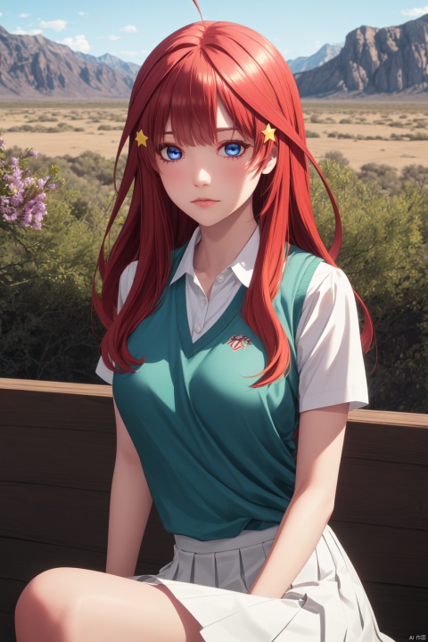  1girl,looking at viewer,solo,long hair,red hair,bangs,ahoge,star hair ornament,star \(symbol\),blue eyes,skirt,shirt,hair ornament,school uniform,white shirt,short sleeves,pleated skirt,green skirt,sweater vest,,Itsuki_CYQL,(expressionless,sitting,panorama,foreshortening:1.1),beautiful face,beautiful eyes,glossy skin,shiny skin,Autumn, Foliage, Lake, Reflection, Mountains, Colors, Serenity, Tranquility,Desert wildflowers, Arid landscape, Desert bloom, Refreshed desert, Floral explosion, Desert oasis,beautiful detailed sky,beautiful detailed glow,posing in front of a colorful and dynamic background,masterpiece,best quality,beautiful and aesthetic,contrapposto,femalefocus,wallpaper,fashion,,
