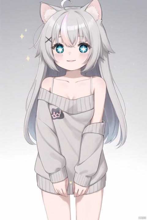  30710, petite, loli, solo, animal ears, heart, puffy short sleeves, grey hair, long hair, off shoulder, bangs, hair ornament, gradient background,rainbow gradient, x hair ornament, animal ear fluff, looking at viewer, very long hair, blush, smile, cat ears, bare shoulders, collarbone, hand up, gradient sweater, hair between eyes, symbol-shaped pupils, arm up, heart-shaped pupils, hairclip, medium breasts, salute, bare legs,full body,blue_eye,((ahoge)), + +,sparkling eyes,Starry eyes,ch style