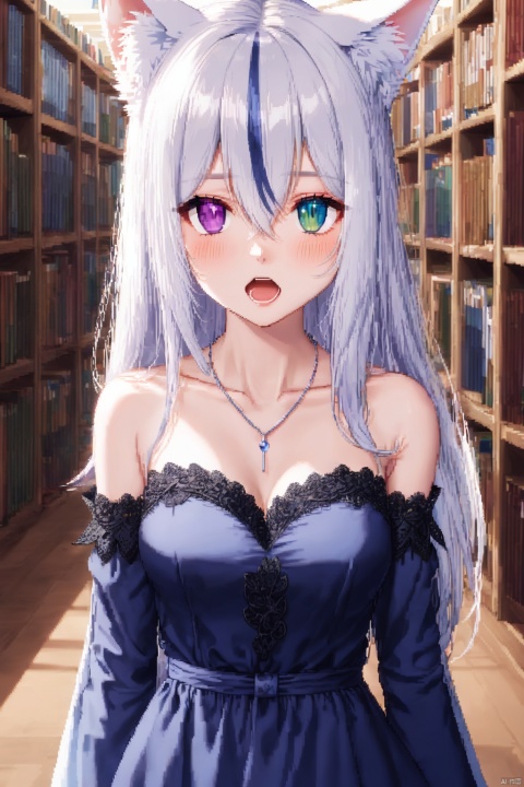 1girl,(face), solo,fox girl,fox ears,breasts,medium breasts, (heterochromia),blush,purple eye,blue eye,cat's eye,(slit pupils), open mouth, long hair,white hair,hair between eyes,(streaked hair),bare shoulders,collarbone,colored inner hair,dress,black lace trim,(blue dress),detached sleeves,ribbon,necklace,library,close-up, Pixel painting