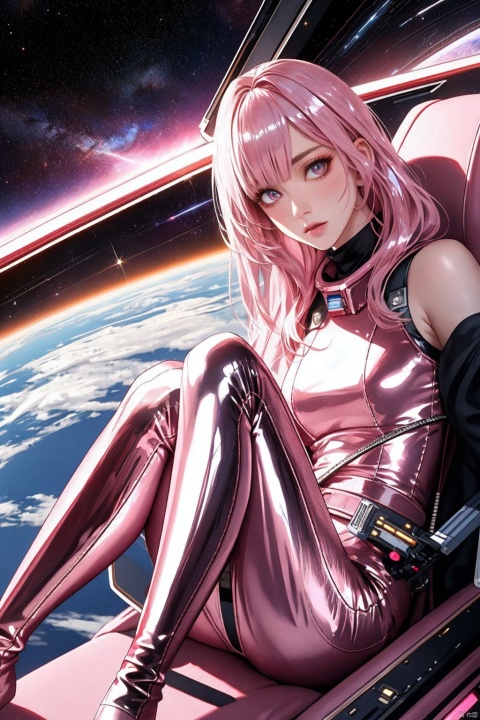  detailed face、detailed facial expressions、detailed hair、detailed arms、detailed legs、detailed hand fingers、Detailed toes、detailed crotch、Viewer&#39;s perspective、one person、beautiful girl、female space fighter pilot、(((１２age)))、bangs、(((light pink metallic hair)))、long hair、light pink metallic suit、beautiful face、Cosmic light、Space Opera、outer space、Straddling the seat and fastening the seatbelt in the narrow space like a coffin inside the cockpit of a space fighter,(((Hold the control levers of the two space fighters on the left and right.)))、, focuseyes