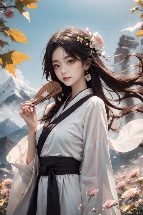  flat_style,simple_colors,masterpiece,{{{best_quality}}},{{ultra-detailed}},Hanfu,Holding a fan,{{1girl}},{{{solo}}}, an_extremely_delicate_and_beautifu,blank_stare,close_to_viewer,breeze,Flying_splashes,Flying_petals,wind,Gorgeous and rich graphics, symmetrical composition,Beautiful face,looks tangwei,cute,seductive smile,looking at the audience,big eyes,charming eyes,perfect figure,black hair, Illustration pov,Distant snow mountains,and grasslands, Autumn, red leaves, yellow leaves, Illustration, 1girl, pld, flower