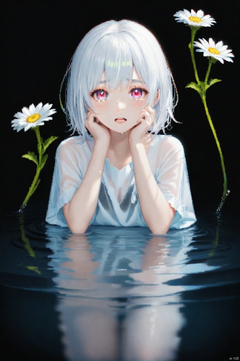  (masterpiece),(best quality),illustration,ultra detailed,hdr,Depth of field,(colorful),(chromatic aberration),(beautiful young female:1.4),(streaming tears),sad,(daisy),(daisy),(daisy),looking at viewer,partially submerged,both hands on own cheek,{see-through long shirt},{no bra},(white hair, short hair, bangs:1.2),(glowing eyes),ripples,dark water,black background,(prismatic), , , , , Pixel painting
