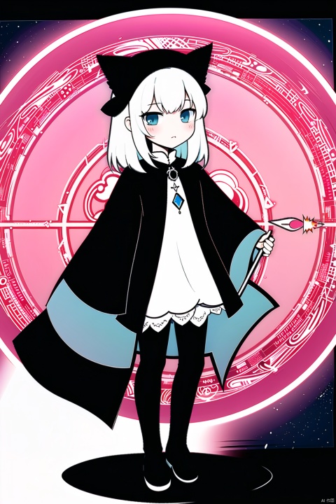  (flat color,limited palette,low contrast:1.2),(magic circle:1.2),Gorgeous,Elegant,Bohemian style,1girl,loli,((catgirl)),Magician,Warlock,(Staff), lace Magic Robe,(Sapphire Necklace),White Hair,very long hair,blue eyes,Wizard Hat,(Raven),Forest Mountain Background,looking at viewer,\nmasterpiece,best quality,high quality,highres,absurdres,printing,eyesseye