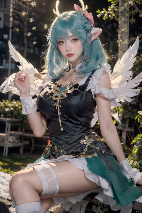  beautiful girl,breasts, girl, dress,(green hair,Snow field,Snowing,things,wings,cross legs,Black Silk Stockings:1.3)depth_of_field,blurry_background,largebreasts,glint, jujingyi, 1girl,, (big breasts:1.39), ajkds, kongque, Nebula