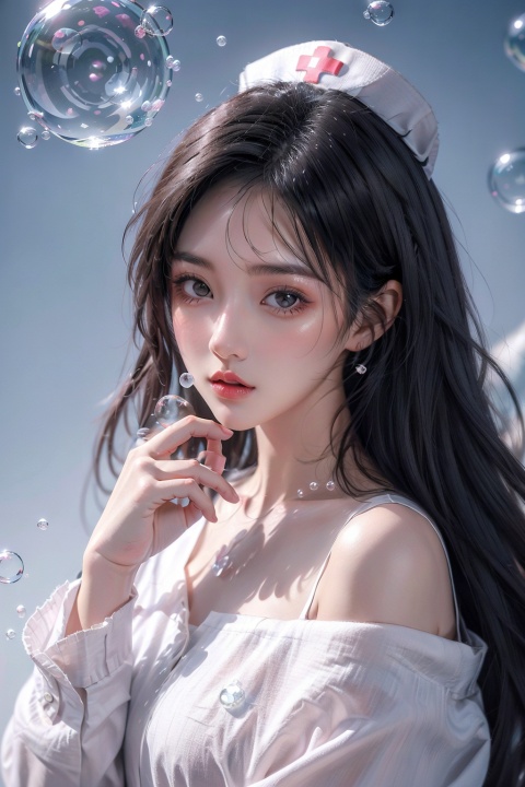  The girl was inside bubble,
1girl,alluring pose, ,floating hair,,blacklight,(surrounded by bubble:1.3),spotlight, green hair, pink background, dark theme,(a lot of bubble:1.3),eye_contact,
, Nebula, Trainee Nurse