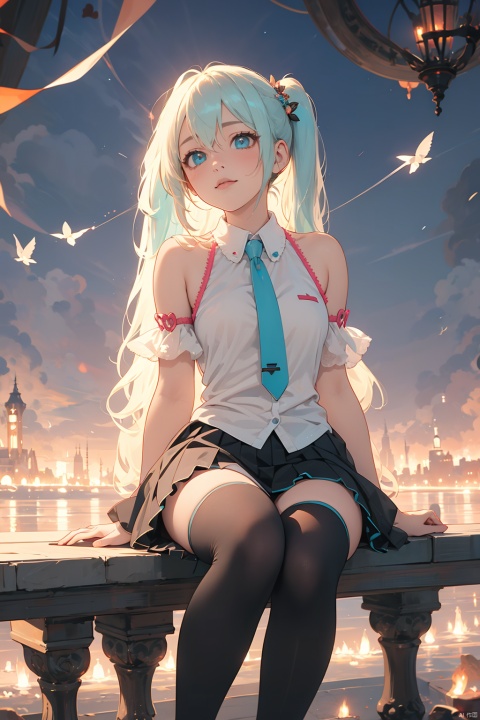  nai3, 1girl, hatsune miku, solo, twintails, long hair, skirt, detached sleeves, thighhighs, necktie, sitting, very long hair, scissors, blush, aqua hair, boots, aqua eyes, looking at viewer, white background, shirt, aqua necktie, thigh boots, black skirt, sleeveless shirt, sleeveless, simple background, bare shoulders, black thighhighs, black sleeves, pleated skirt, white shirt, black footwear, flying sweatdrops, sweatdrop, hair ornament