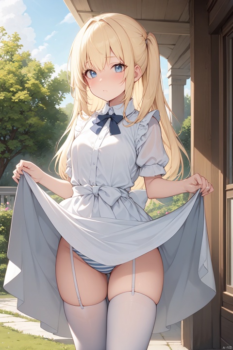  alice \(alice in wonderland\), solo,
blonde hair, hime cut, blue_dress, puffy short sleeves, white apron, blue_bow, blue eyes, striped thighhighs(blue and white striped), 1loli, petite, skirt_lift,girl,shine eyes01,seecolor,miji,eyesseye