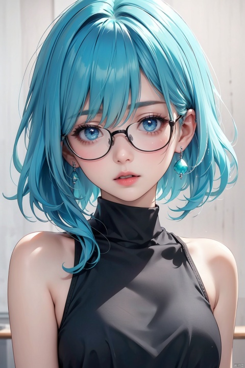  (8k, best quality, masterpiece),by yoneyama mai, 1girl, jewelry, earrings, close-up, glasses, simple background, portrait, parted lips, long hair, twintails, hair between eyes, looking at viewer, bangs, white background, frills, eyelashes, bare shoulders, grey background, aqua hair, turtleneck, upper body, shirt, blue hair, sleeveless, blurry, aqua eyes, expressionless, blue eyes, open mouth, collarbone, sidelocks, depth of field, alternate costume, short hair, closed mouth, black shirt
, backlight