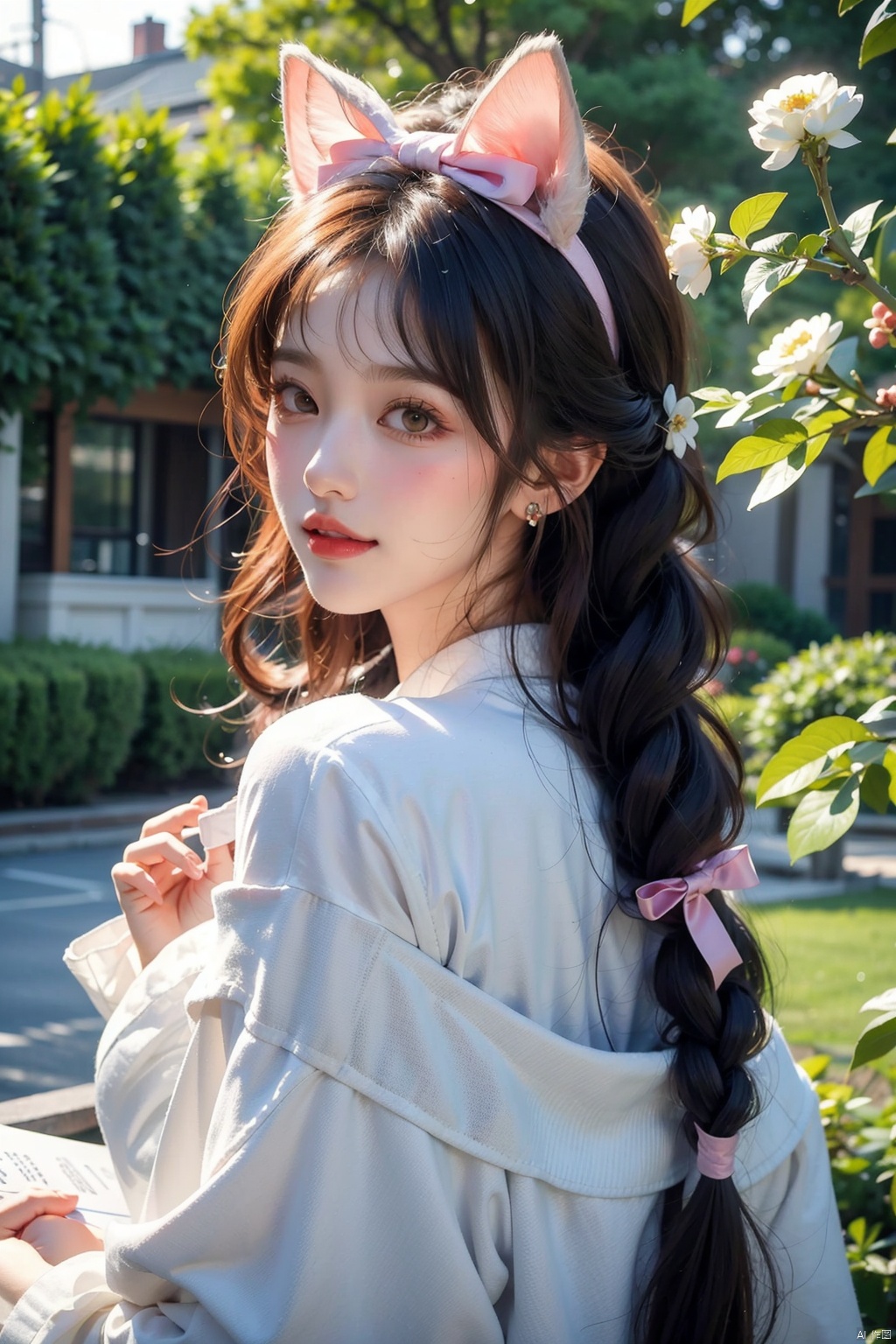  1girl, solo, long hair, looking at viewer, blush, smile, bangs, hair ornament, bow, animal ears, jewelry, yellow eyes, upper body, pink hair, braid, flower, hair bow, hairband, earrings, outdoors, parted lips, alternate costume, cat ears, from side, looking to the side, book, single braid, blue bow, plant, white flower, hair over shoulder, floppy ears, goldenglow \(arknights\), jiqing, 1 girl,moyou