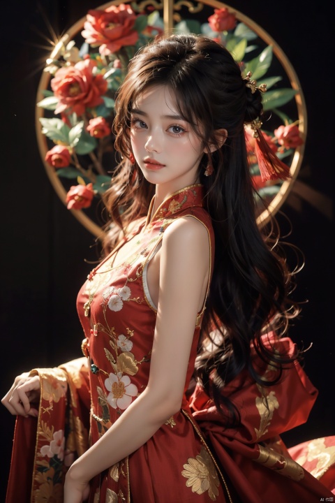  A young model in Chinese dress poses with her arms leisurely, in front of divine light with silhouette light illuminating the edges of the long curly hair, snowflake, solid color red background, Excellent skin texture, gaze deeply, cheerful atmosphere, in the style of eye-catching resin jewelry, matte photo, minimalist beauty, meticulous linework precision, The background is a bustling city,High resolution,8K, neo-chinese style, huayu, 1girl