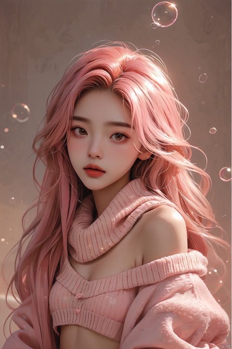 bubble,pink hair,High quality, masterpiece, Portrait,cinematic texture,1girl,navel,Scarf,Off shoulder, (\meng ze\), (\ji jian\),sweater