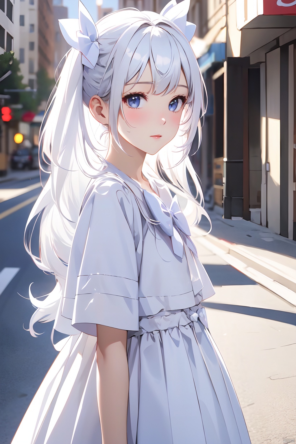  masterpiece,8k,best quality,loli,solo,white hair,((depth of field)),bowknot,long hair,light,street