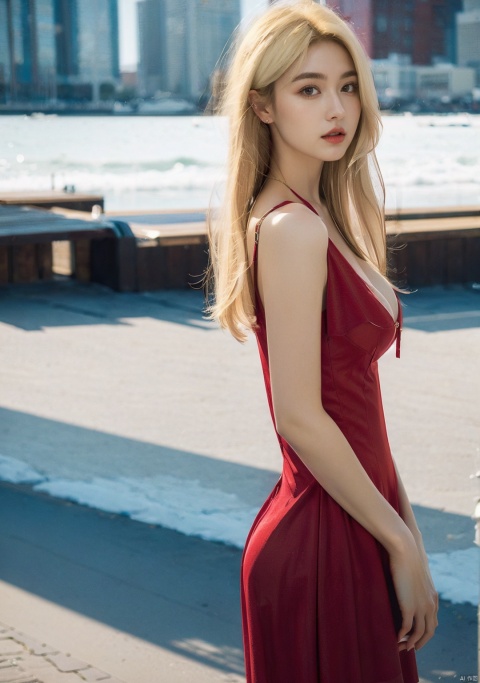  1gilr,(masterpiece:1.3),(best quality:1.3),(photorealistic:1.4),realistic,4k, (((blonde hair))),detail face,outdoors,city,full body,big_breasts,(red dress),((short dress)), pld