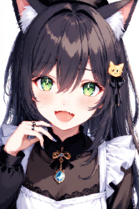  1girl, solo, animal ears, smile, simple background, white background, green eyes, animal ear fluff, white apron, :d, bow, long sleeves, hat, dress, apron, long hair, black headwear, black dress, hand up, blush, hair ornament, very long hair, fang, looking at viewer, bangs, hair bow, frills, frilled apron, black bow, puffy sleeves, waist apron, beret, hair intakes, detached sleeves, cat hair ornament, hair between eyes, jewelry, breasts, ring, open mouth, Pixel painting