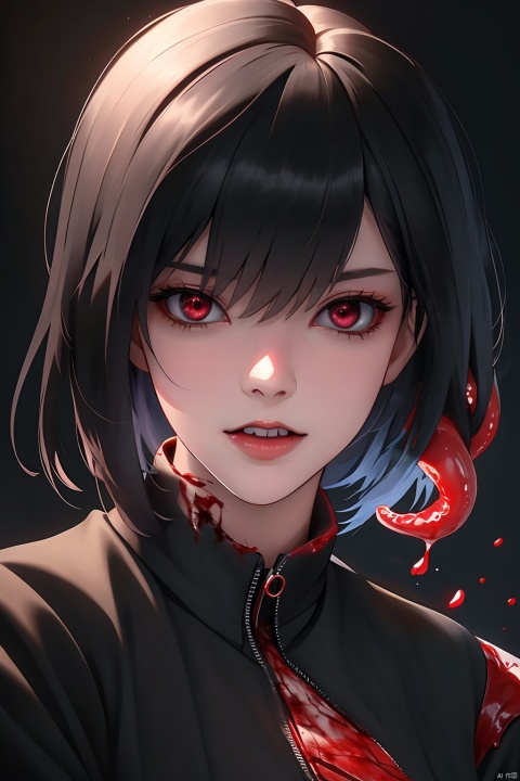(1girl) portrait, best quality, ultra high res, ultra detailed, black and red, high contrast color tone, extremely detailed lighting, cinematic lighting, soft lights, (masterpiece, high quality:1.4), (kaneki ken, black hair, white hair, red and black eye, mask | teeth, blood eyes, black clothes, scorpio tentacles), , , blood, , black background, thrilling, (fierce face),kaneki ken