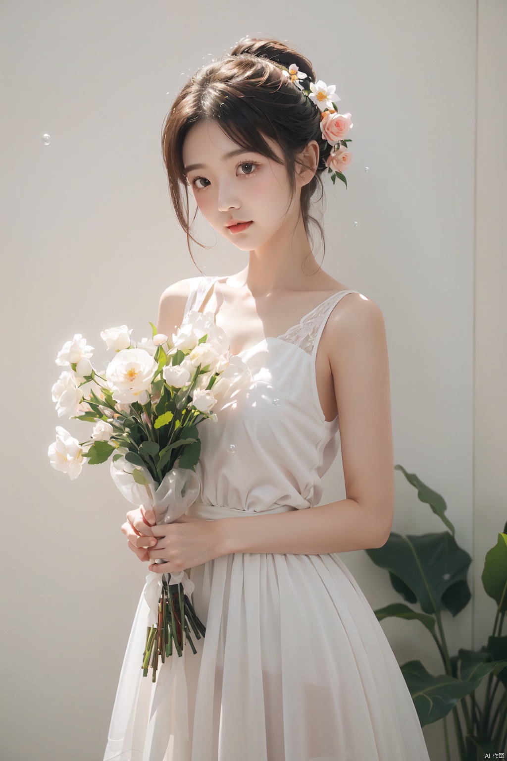  (bubble:1.3), 1 girl, cute, white dress, holding a bouquet of flowers, black short hair, light white wall, (\meng ze\), (\MBTI\), mjuanlian, jiqing, flower, pld