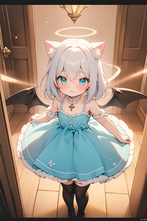  {masterpiece},white hair,yellow eyes,aqua eyes,looking up,stockings,long hair,hime cut,messy hair,floating hair,demon wings,halo,cross necklace,holy,divinity,shine,holy light,cat girl,(loli),(petite),solo,cozy anime,houtufeng,letterboxed,eyesseye