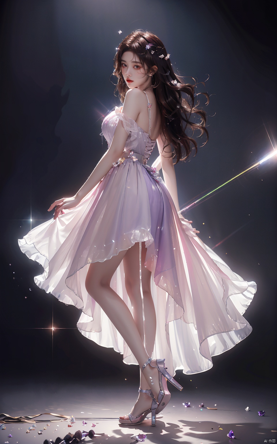 (masterpiece, top quality, best quality, official art, beauty:1.2),whole body,suspender skirt,vertical painting,idol,(luminous quality chiffon dress:1.1),(flash effects:1.3),lavender slip skirt,(hair all to one side:1.5),(dark wavy hair:1.1),(dark red hair:1.1),floating in the air,(crystal high heels:1.2),spotlight,(stage lighting:1.2),flower