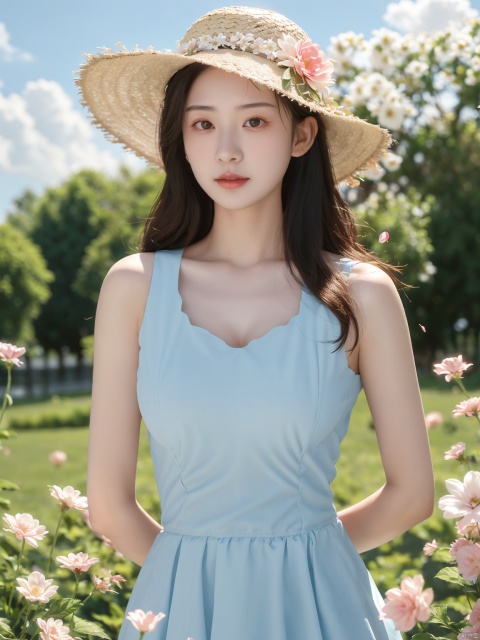  masterpiece, 1 girl, 18 years old, Look at me, long_hair, straw_hat, Wreath, petals, Big breasts, Light blue sky, Clouds, hat_flower, jewelry, Stand, outdoors, Garden, falling_petals, White dress, textured skin, super detail, best quality, Trainee Nurse, tianxiu, flower