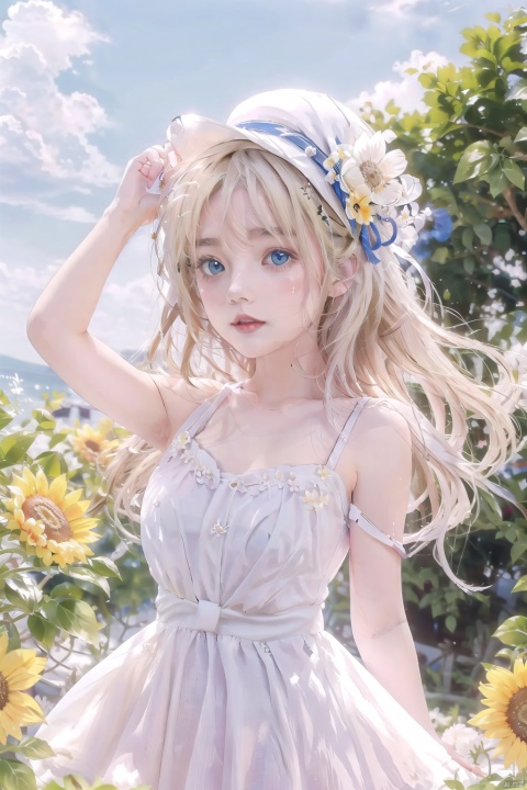  1girl, solo, dress, long hair, hat, sky, blue eyes, flower, sleeveless dress, white dress, day, breasts, arm up, blue sky, cloud, bangs, blush, outdoors, open mouth, sleeveless, bare shoulders, ribbon, white headwear, yellow flower, blonde hair, water drop, hair between eyes, hat flower, hair ribbon, sun hat, medium breasts, white ribbon, hand on headwear, upper body, looking at viewer, cloudy sky, sunflower