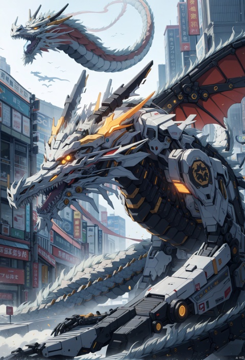  a mecha dragon,8k, High quality, high quality, glowing body, mechanical joint, orange led light, high detailed mecha, high-precision mecha, mecha, exoskeleton mechanical armor, mecha dragon, horns, growing joint, dragon, eastern dragon, jet device, high detailed, HD, black joint