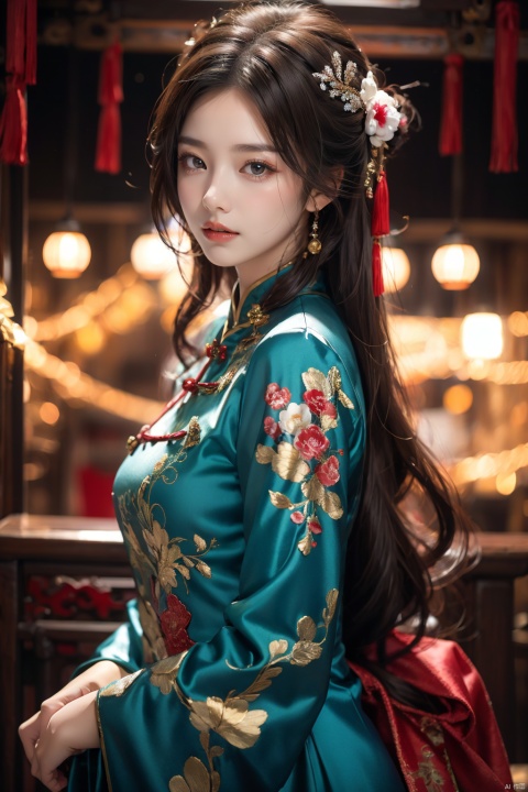 A young model in Chinese dress poses with her arms leisurely, in front of divine light with silhouette light illuminating the edges of the long curly hair, snowflake, solid color red background, Excellent skin texture, gaze deeply, cheerful atmosphere, in the style of eye-catching resin jewelry, matte photo, minimalist beauty, meticulous linework precision, The background is a bustling city,High resolution,8K, neo-chinese style, huayu, 1girl, pld