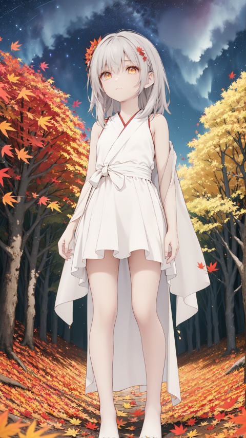  wallpaper,colorful,Tyndall effect,(autumn maple forest:1.3),(very few fallen leaves),(path),stars,flower sea,starry sky,flowers meadows,Dreamy forest,strong rim light, 1girl, bare shoulders, white hair, blinking, white dress, closed mouth, constel lation, yellow eyes, flat color, braid, blinking, white robe, float, closed mouth, constel lation, flat color, looking up, standing, medium hair, standing, solo, , 4349, eyesseye