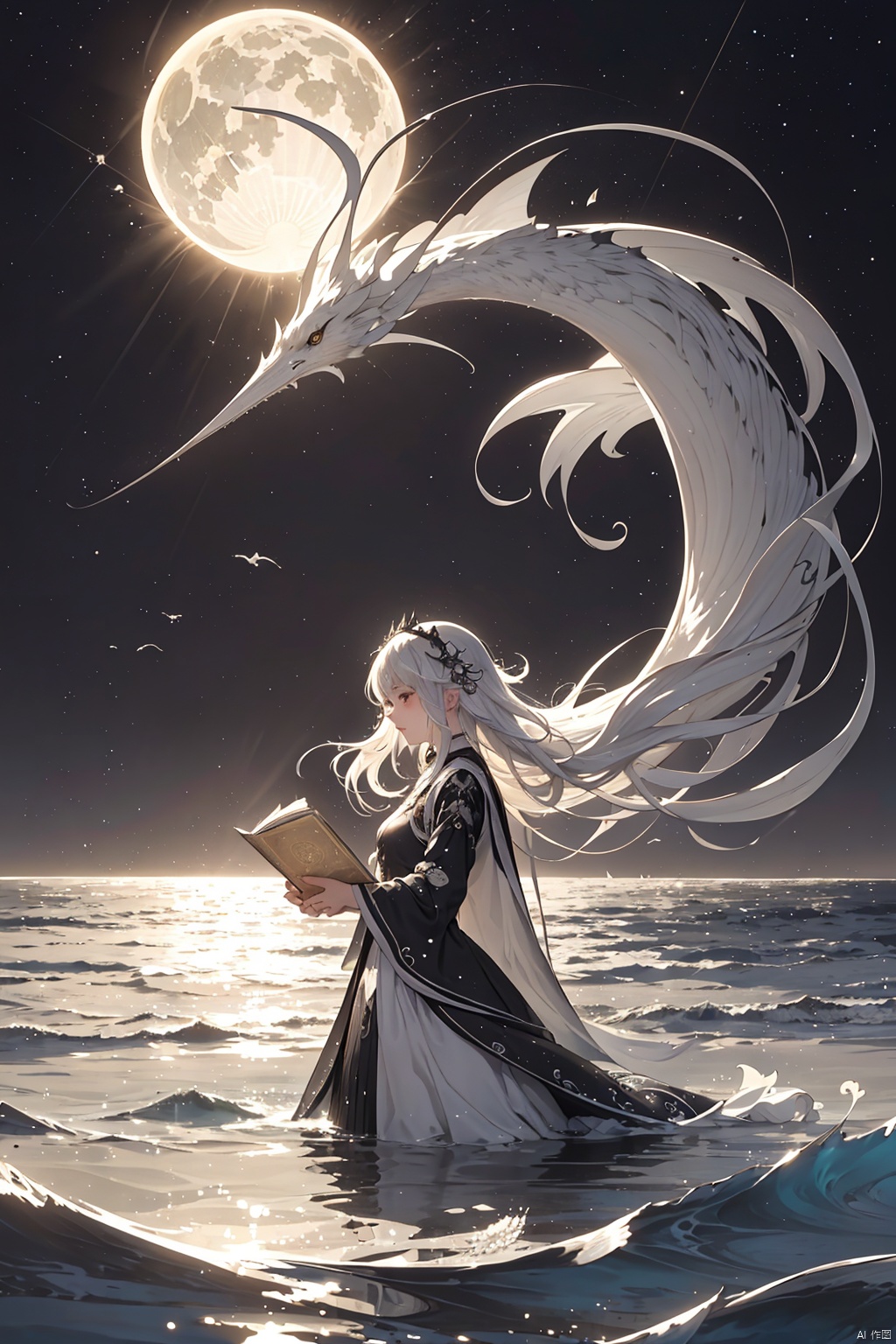  person in the sea, drawing, in the style of whimsical yet eerie animal symbolism, light silver and black, mysterious space, solarpunk, storybook illustration, traditional animation, hurufiyya,CH, (\shen ming shao nv\)