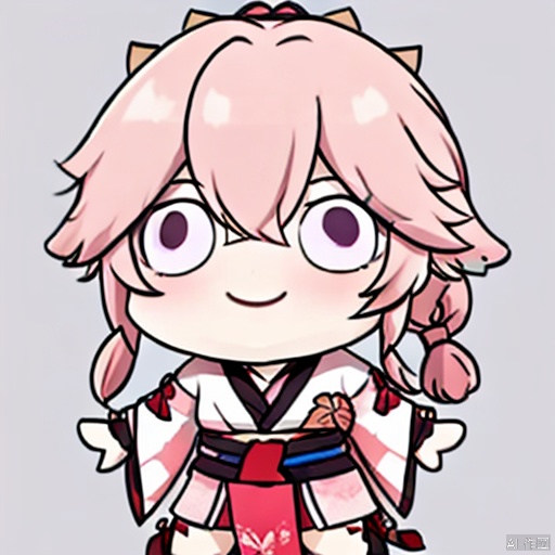  chibi,chibi style, style-parody, 1girl, long hair, solo, bangs, sidelocks, simple background, braid, smile, chibi, parody, sash, obi, wide sleeves, spread arms, low ponytail, blunt bangs, long sleeves, outstretched arms, kimono, braided ponytail, thighhighs, full body, looking at viewer, standing on one leg, armor, mole, mole under eye, white background, c:, bridal gauntlets, , bachong